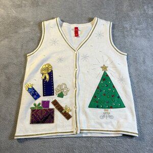 Christmas Ugly White Vest L‎ 12-14 Holiday Sweater Vest Embellished Button Down